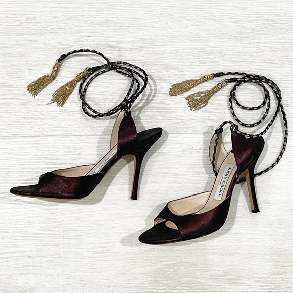 JIMMY CHOO: Bronze metallic, ankle-wrap, stiletto, gold chain tassel. Size 37 - Picture 3 of 7